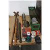 Image 1 : Vintage Rolling Pin, Bottle, Bulbs, Tins, Alarm Clock, Clubs, Cast Bin w/Turtle Shell