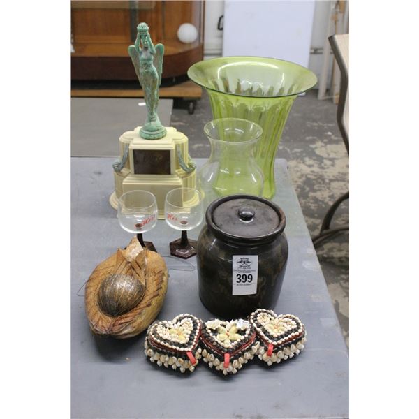 Coconut Carved Bird Hanger, Shell What Not Bins, Lidded Jar, Vases, Trophy