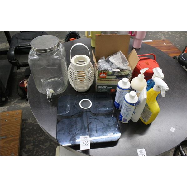 Weight Scale, Jar w/Spigot, Propane Stove, Cleaners, Thermos