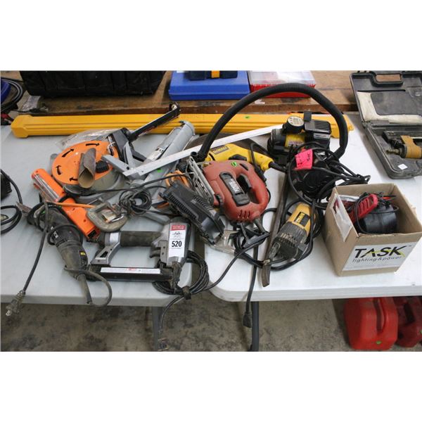 Dewalt Electric Drill/Router, Mini Air Inflator, Air Brad Nailer, Drop Light, Chaulk