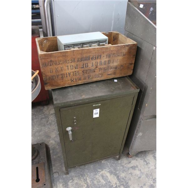 Green Metal Small Shop Cabinet w/Wooden Box, Hardware Bin