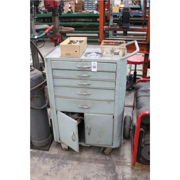 Vintage Grey Metal Rolling Shop Cabinet w/Brass/Asst. Hardware