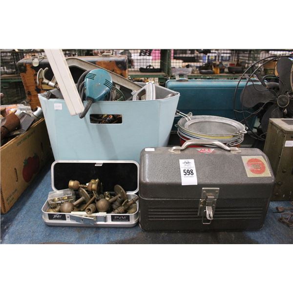 Bin w/Hand/Power Tools, Vintage Brass Hardware, Metal Toolbox, Beer Buckets