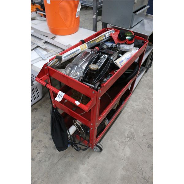 Red Shop Cart w/Auto Floor Jack, Welding Mask, Electric Motor, Asst. Supplies