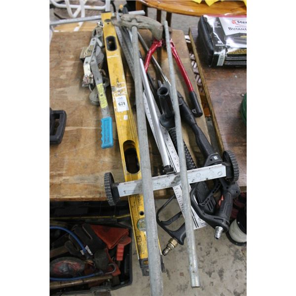 Come A Long, Contractor Levels, Measure, Conduit Bender, Bolt Cutters, Tools