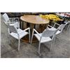 Image 2 : Teak Style Plank Round Top Dining Patio Table w/4 White Alum. Armchairs