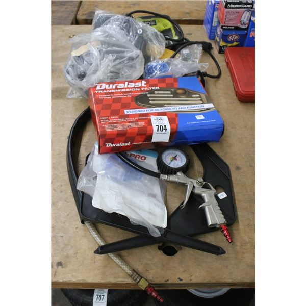 Tire Gauge, Ryobi Electric Drill, Dewalt Grinder, Transmission Filter, Supplies