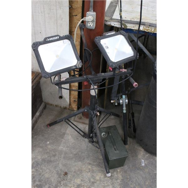 Husky Double LED Tripod Flood Light, Fishing Pole, Ammo Box