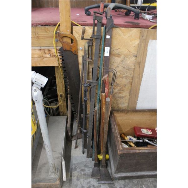 Vintage Hand Tools, Wood Vise, Saw, Sled, Picks, More