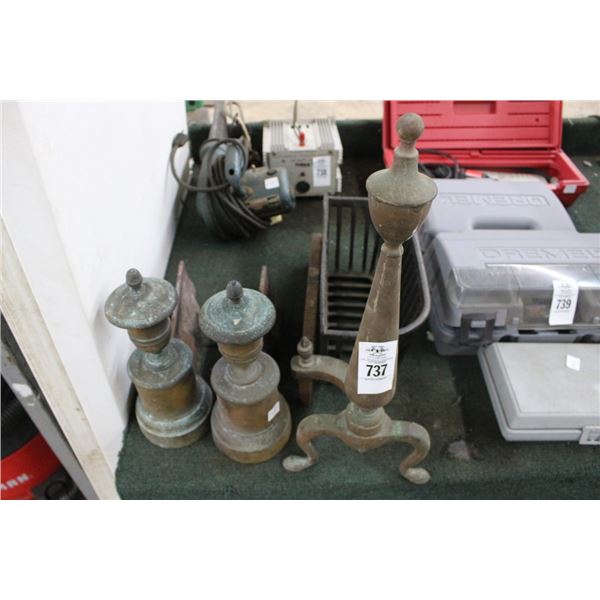 Brass Fireplace End Irons, Cast Basket