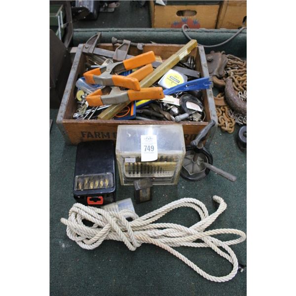 Vintage Wooden Tray w/Hand Tools, Drill Index, Rope, Press