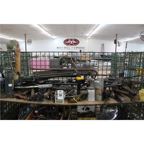 Shelf w/Bottle Jack, Hand Tools, Pry Bar, Pipe Cutter, More