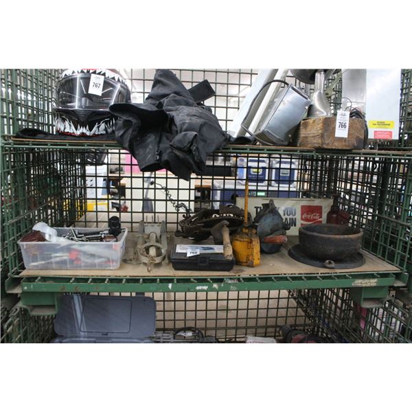 Cast Skillet, Bowl, Bottle Jack, Asst. Tools, Oiler