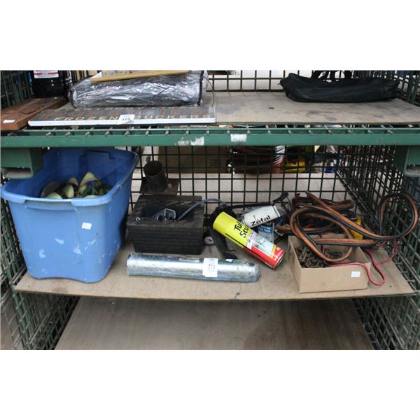 Tire Chucks, Bin w/Tie Down Straps, Chain, Jumper Cables, Supplies