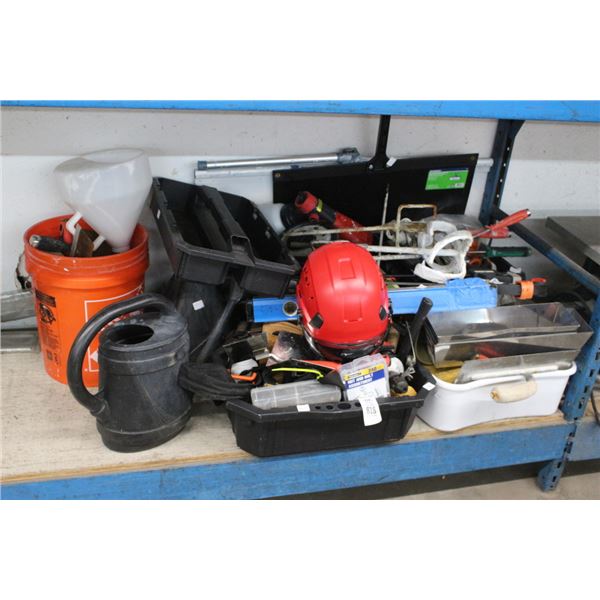 Large Lot Asst. Tools, Paint Supplies, Safety Helmet, Tool Belt, More
