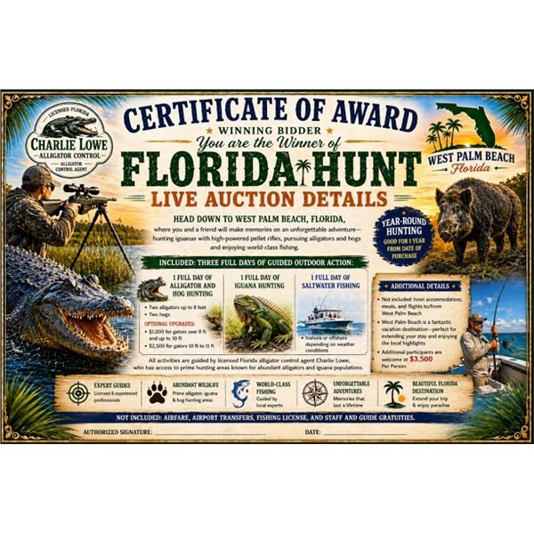 The Ultimate Florida Slam for 2! Gator, Iguana, Hogs, and Fishing included in 3 days!