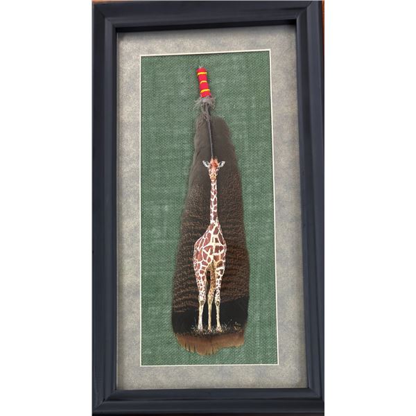 Turkey Feather Painted with the African long-necker, the Giraffe.
