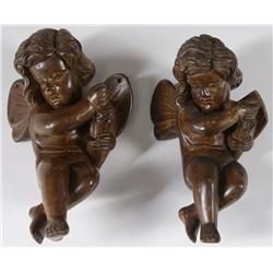 Pair of 19th C. Hand Carved Walnut Cherubs