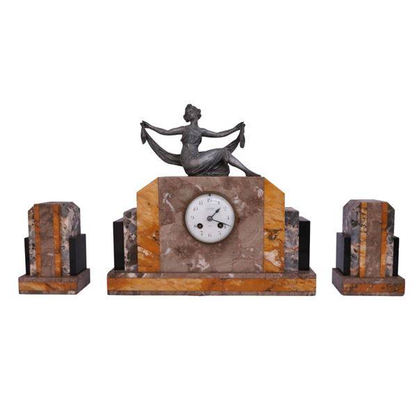 Art Deco French Marble Mantle Clock Garniture