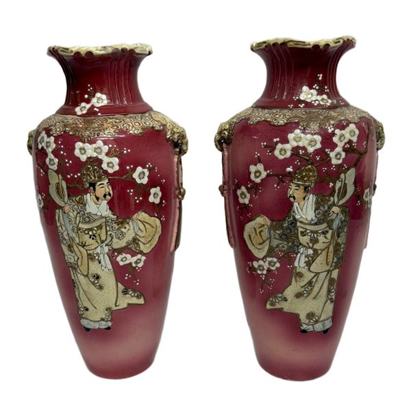 Japanese Pigeon Blood Satsuma-Style Vases