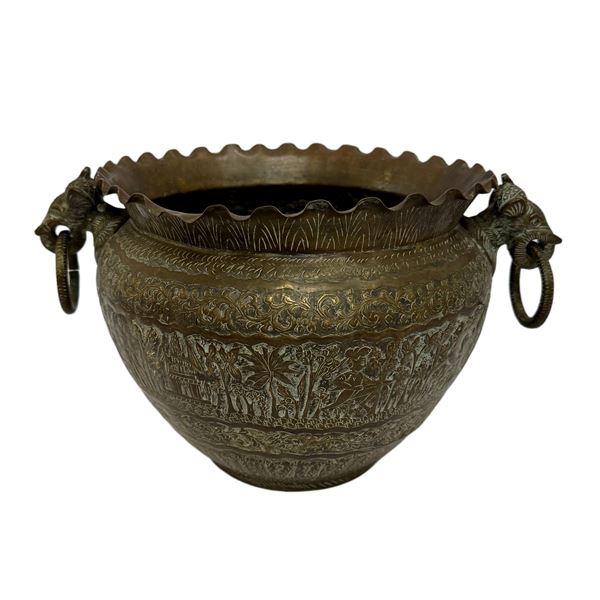 Antique Indian Engraved Brass Planter Pot