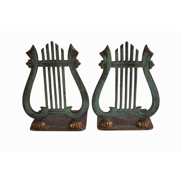 Pair Israeli Verdigris Brass Harp / Lyre Bookends
