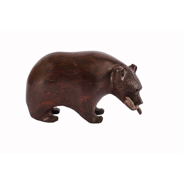 Hand-Carved Ironwood Bear with Fish Sculpture