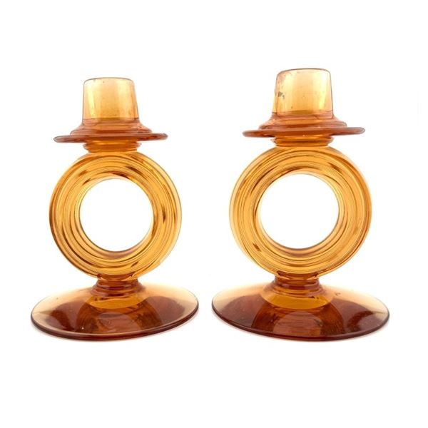 Mid Century Amber Glass Candlesticks