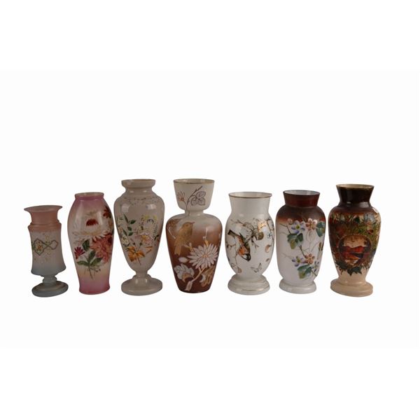 Seven Hand-Painted Floral Glass Vases