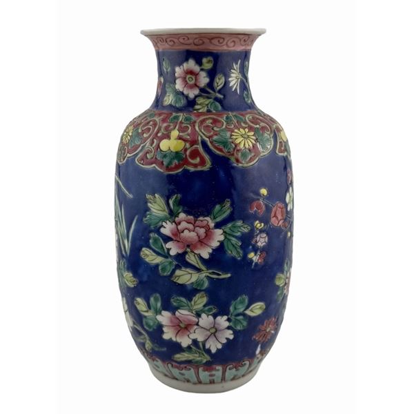 Chinese Famille Rose Cobalt Blue Sgraffito Vase