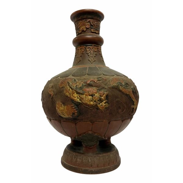 Japanese Tokoname Red Clay Dragon Vase