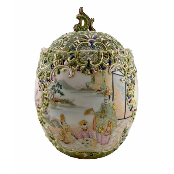 Meiji Period Satsuma Moriage Egg-Form Lidded Jar