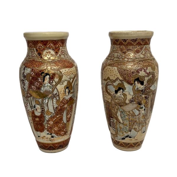 Pair of Japanese Satsuma Moriage Figural Vases