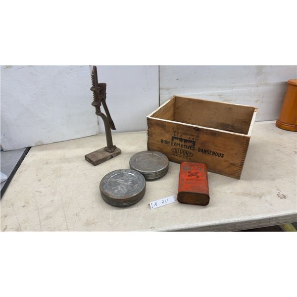 Du Pont Canada High Explosives Wooden Crate, 8 x 17 x 13" Kodak Film Canisters, Bottle Capper