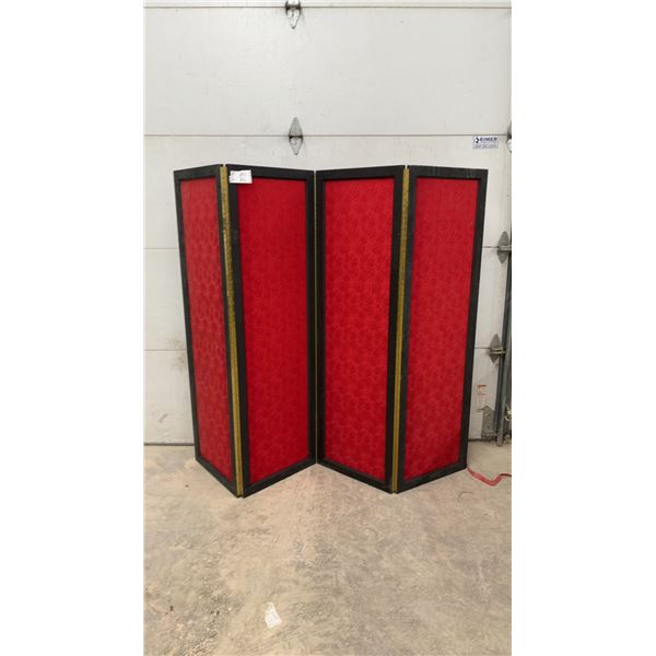 4 Panel Folding Room Divider with Red Damask Fabric and Black Wood Frame 65 x 25 (Each Panel)