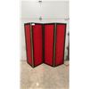 Image 1 : 4 Panel Folding Room Divider with Red Damask Fabric and Black Wood Frame 65 x 25 (Each Panel)