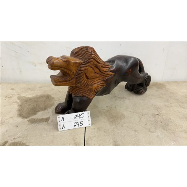 Hand-Carved Wooden Lion Sculpture with Two-Tone Finish 18"