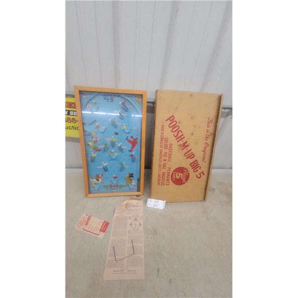 Poosh-M-Up Big 5 Tabletop Pinball Game with Original Box and Instructions Vintage 13 x 23"