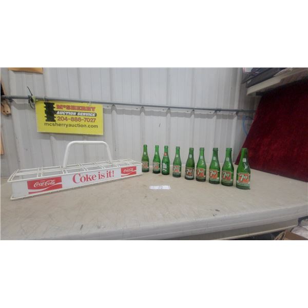 Vintage 7UP Green Glass Bottles and Arena Sales Carry Coca-Cola "Coke Is It!" Wire Display Rack