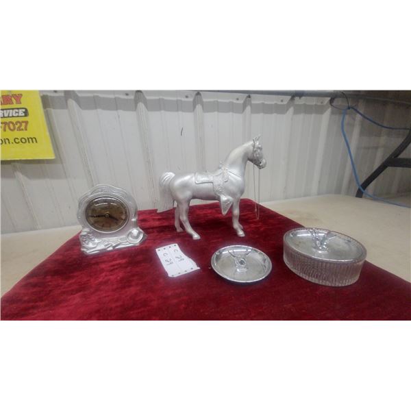 Oxford Self Starting Mantel Clock with Western Cowboy Motif and Horse Figurine Vintage
