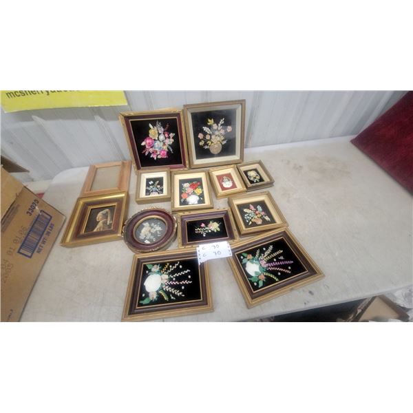 Collection of Framed Shell Art Floral Arrangements on Black Velvet and More biggest10 X 10"