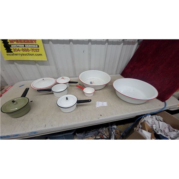 Vintage Columbian White Enamelware with Red Trim Pots, Bowls, Lids, and More