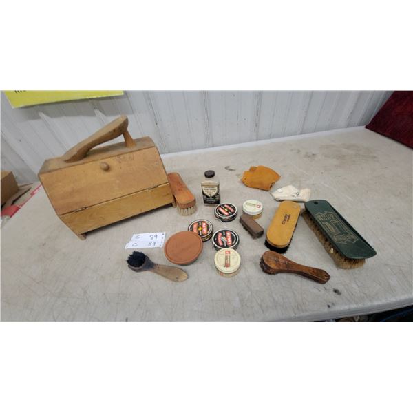 Vintage Wooden Shoe Shine Box with Kiwi Polish, Brushes, and More