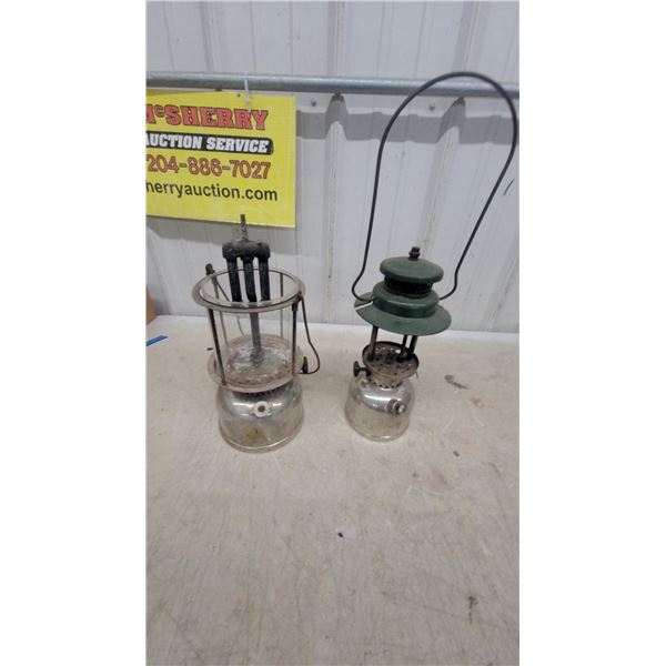 Two Vintage Coleman-Style Gas Lanterns with Aluminum Fuel Tanks Not Complete