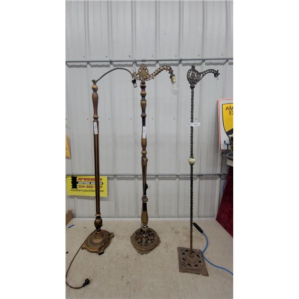 Three Antique Cast Iron and Brass Bridge Arm Floor Lamp Bases as Is