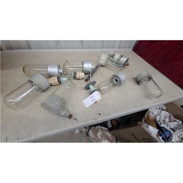 Collection of Vintage Industrial Glass Globe Light Fixtures with Ceramic Sockets and More
