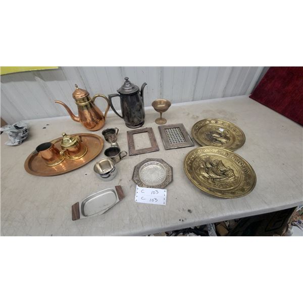 Copper and Brass Coffee Set with Pewter Vessels, Photo Frames, Brass Ship Plates, and More