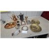 Image 1 : Copper and Brass Coffee Set with Pewter Vessels, Photo Frames, Brass Ship Plates, and More