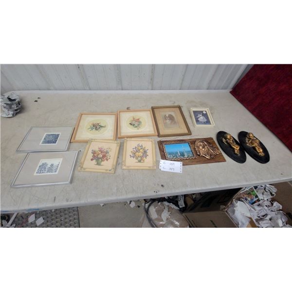 Framed Floral Prints, Cherub Wall Plaques, Signed Woodblock Prints, Eagle Plaque, and More