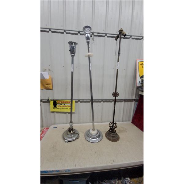 Three Vintage Floor Lamp Bases, Chrome and Cast Iron as Is